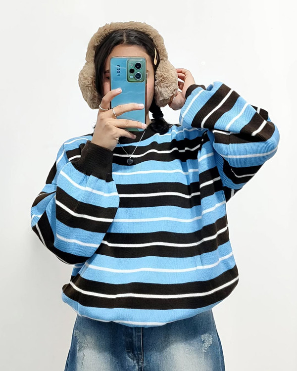 بافت راه راه دخترانه برند منگو اورسایز رنگ آبی