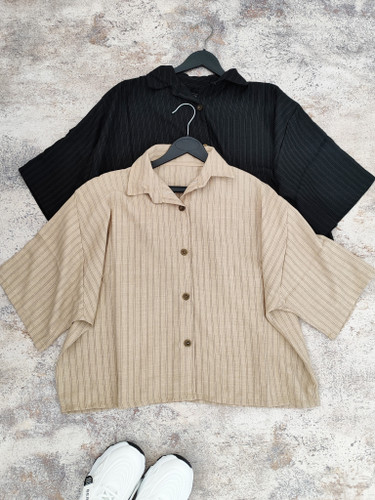 شومیز ژاکارد شانتون راه راه رنگ کرم و مشکی