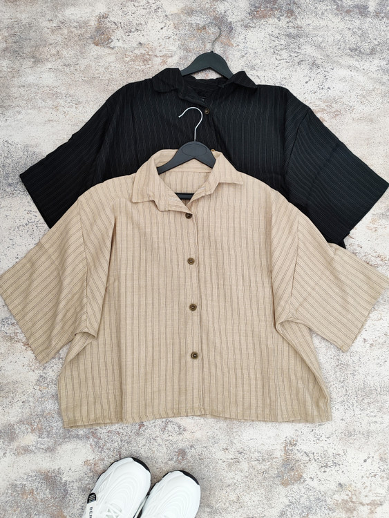 شومیز ژاکارد شانتون راه راه رنگ کرم و مشکی