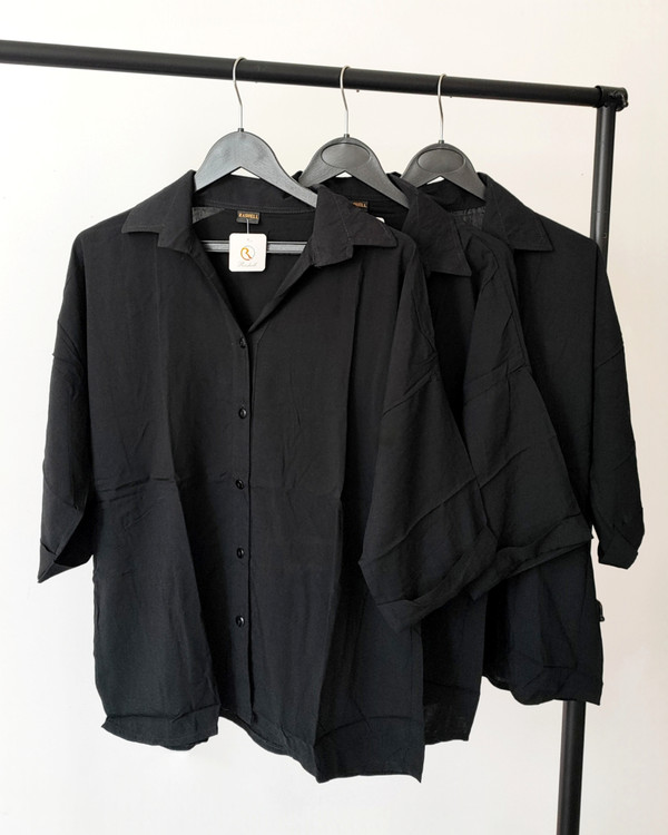 شومیز نخی مشکی آستین ۳ ربع مشکی جلو دکمه